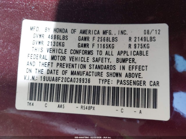 44447564 :رقم المزاد ، 19UUA8F20CA039936 vin ، 2012 Acura Tl 3.5 مزاد بيع