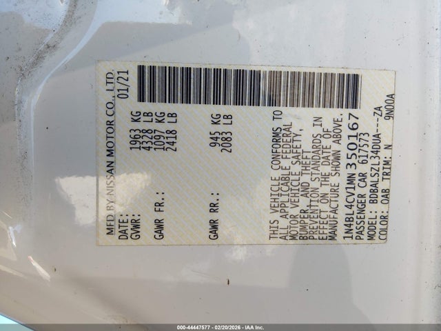 1N4BL4CV1MN350167 Nissan Altima Sr Fwd