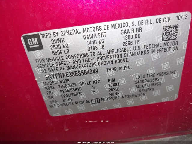 44447587 :رقم المزاد ، 3GYFNFE35ES564349 vin ، 2014 Cadillac Srx Performance Collection مزاد بيع