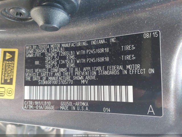 5TDKKRFHXFS105770 Toyota Highlander Xle V6