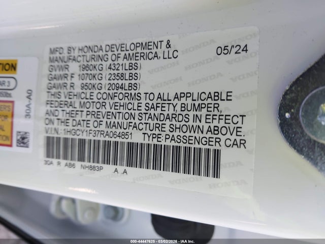 2024 Honda Accord Ex მანქანა იყიდება აუქციონზე, vin: 1HGCY1F37RA064851, აუქციონის ნომერი: 44447625