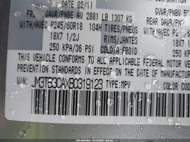 44447643 :رقم المزاد ، JM3TB3CAXB0319123 vin ، 2011 Mazda Cx-9 Touring مزاد بيع