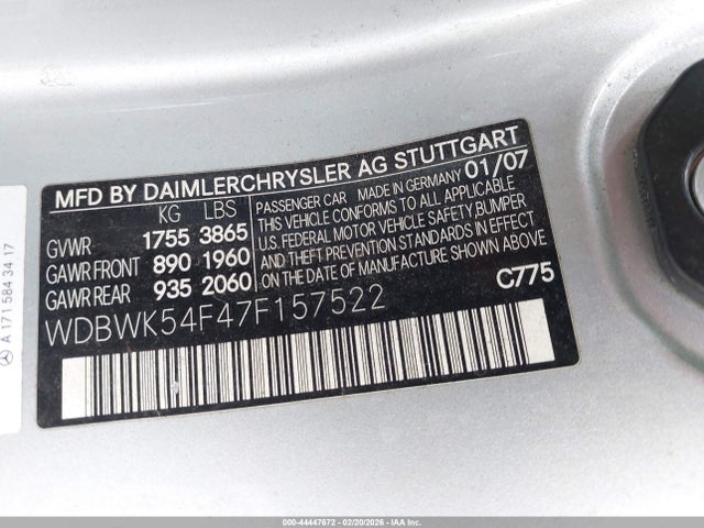 Aukcja sprzedaży 2007 Mercedes-benz Slk 280, vin: WDBWK54F47F157522, numer aukcji: 44447672