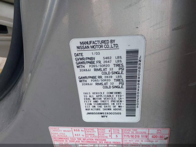 Aukcja sprzedaży 2003 Infiniti Fx45, vin: JNRBS08W63X002505, numer aukcji: 44447689