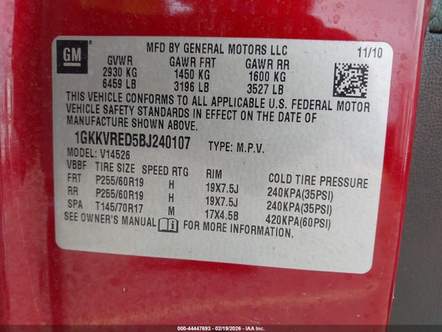 44447693 :رقم المزاد ، 1GKKVRED5BJ240107 vin ، 2011 Gmc Acadia Slt-1 مزاد بيع