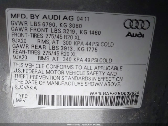 Auction sale of the 2011 Audi Q7 3.0t Premium, vin: WA1LGAFE2BD009824, lot number: 44447712