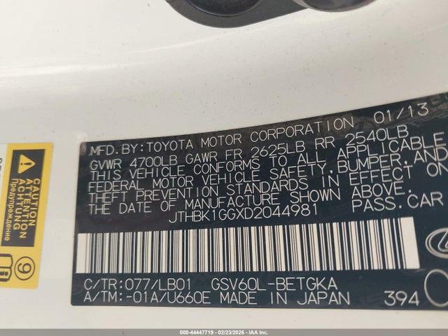 Aukcja sprzedaży 2013 Lexus Es 350, vin: JTHBK1GGXD2044981, numer aukcji: 44447719