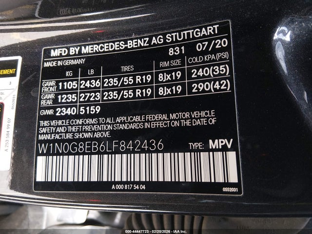 2020 Mercedes-benz Glc 300 4matic მანქანა იყიდება აუქციონზე, vin: W1N0G8EB6LF842436, აუქციონის ნომერი: 44447723