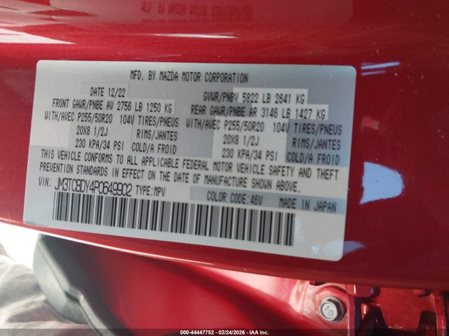 44447752 :رقم المزاد ، JM3TCBDY4P0649902 vin ، 2023 Mazda Cx-9 Grand Touring مزاد بيع