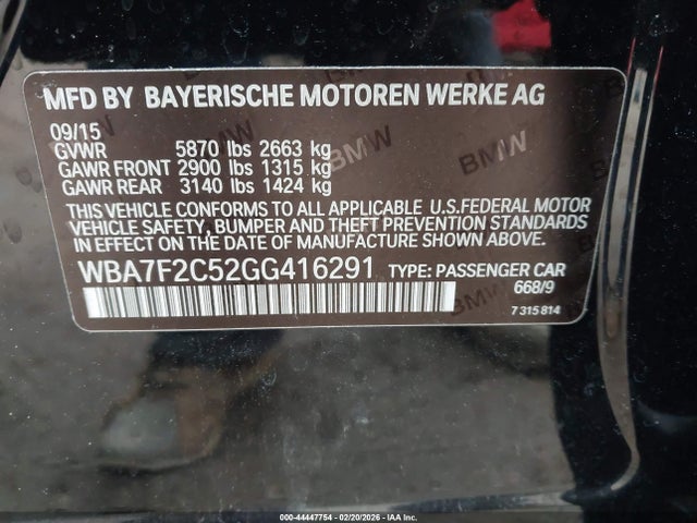 2016 Bmw 750i Xdrive მანქანა იყიდება აუქციონზე, vin: WBA7F2C52GG416291, აუქციონის ნომერი: 44447754