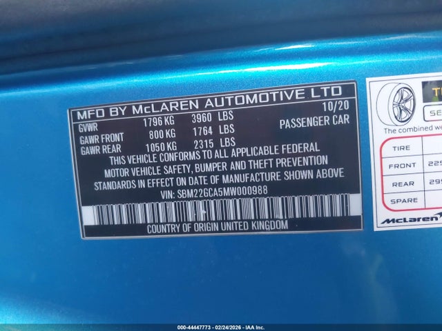 44447773 :رقم المزاد ، SBM22GCA5MW000988 vin ، 2021 Mclaren Gt Coupe مزاد بيع
