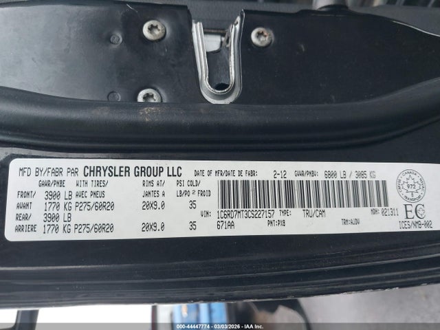 2012 Ram 1500 Sport მანქანა იყიდება აუქციონზე, vin: 1C6RD7MT3CS227157, აუქციონის ნომერი: 44447774