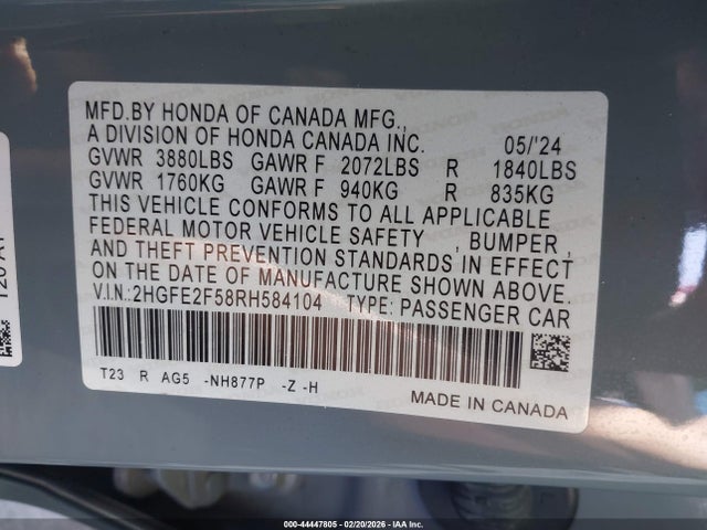 2024 HONDA CIVIC 2HGFE2F58RH584104 Photo 8