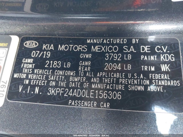 Aukcja sprzedaży 2020 Kia Forte Lxs, vin: 3KPF24AD0LE156306, numer aukcji: 44447952