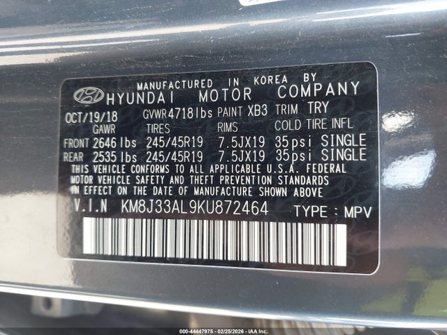 KM8J33AL9KU872464 Hyundai Tucson Sport