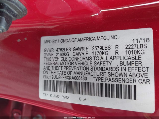 44447999 :رقم المزاد ، 19UUB3F6XKA006430 vin ، 2019 Acura Tlx Tech   A-spec Pkgs مزاد بيع
