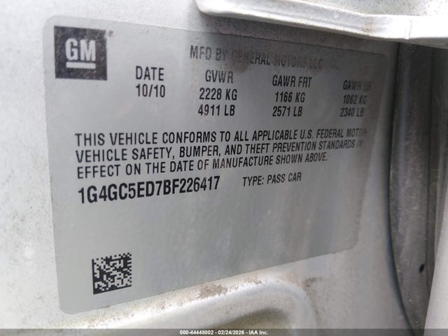 2011 Buick Lacrosse Cxl მანქანა იყიდება აუქციონზე, vin: 1G4GC5ED7BF226417, აუქციონის ნომერი: 44448002