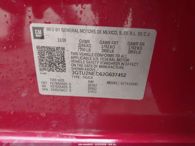 Продаж на аукціоні авто 2018 Gmc Sierra 1500 Slt, vin: 3GTU2NEC6JG637452, номер лоту: 44448003
