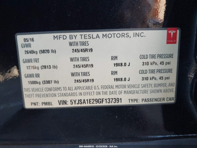 Aukcja sprzedaży 2016 Tesla Model S, vin: 5YJSA1E29GF137391, numer aukcji: 44448035