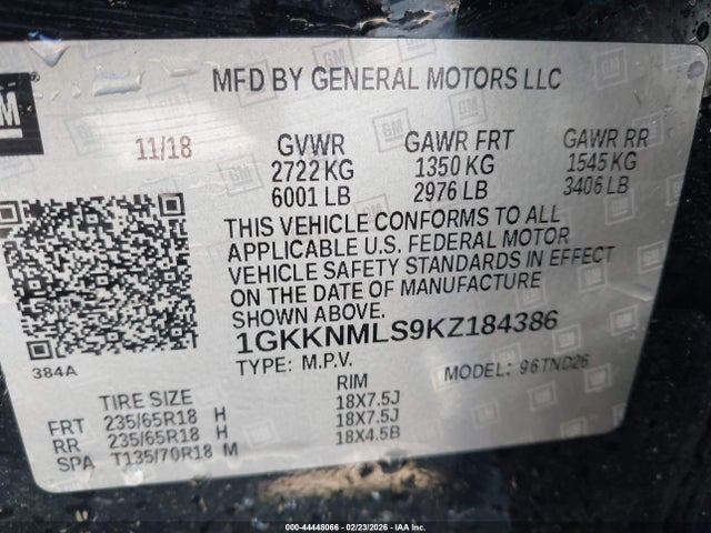 Aukcja sprzedaży 2019 Gmc Acadia Slt-1, vin: 1GKKNMLS9KZ184386, numer aukcji: 44448066