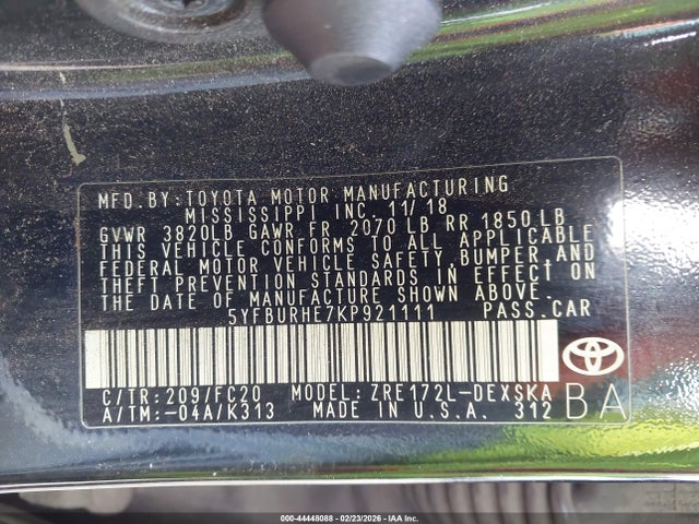5YFBURHE7KP921111 Toyota COROLLA SE