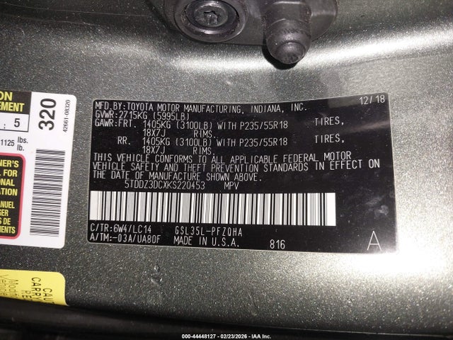 5TDDZ3DCXKS220453 Toyota Sienna Xle 7 Passenger