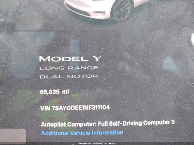Aukcja sprzedaży 2022 Tesla Model Y Long Range Dual Motor All-wheel Drive, vin: 7SAYGDEE1NF311104, numer aukcji: 44448143