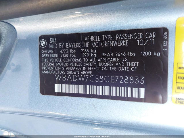 Продажа на аукционе авто 2012 Bmw 328i, vin: WBADW7C58CE728833, номер лота: 44448153
