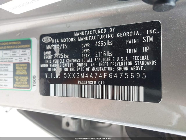 44448158 :رقم المزاد ، 5XXGM4A74FG475695 vin ، 2015 Kia Optima Lx مزاد بيع