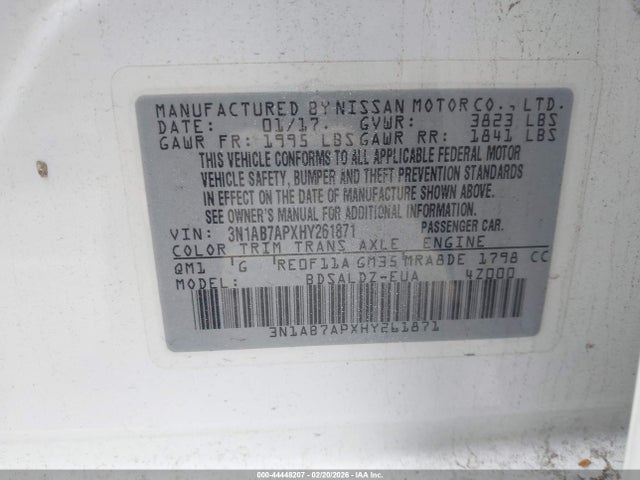 Продажа на аукционе авто 2017 Nissan Sentra Sv, vin: 3N1AB7APXHY261871, номер лота: 44448207