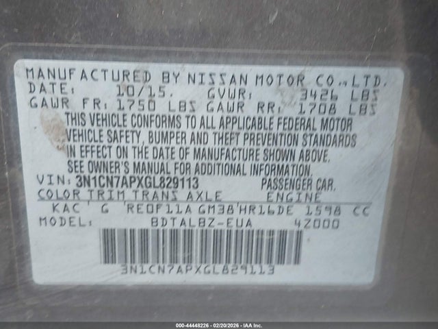 3N1CN7APXGL829113 Nissan Versa 1.6 S/1.6 S+/1.6 Sl/1.6 Sv