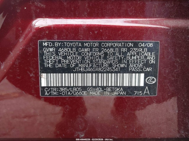 Продажа на аукционе авто 2008 Lexus Es 350, vin: JTHBJ46GX82245341, номер лота: 44448228