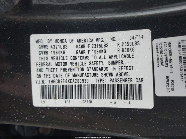 Honda Accord Ex-l 2014 1HGCR2F8XEA200933 Image 9