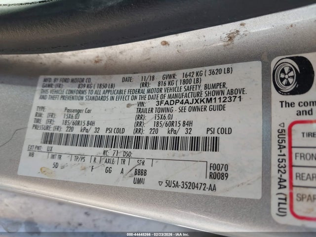 3FADP4AJXKM112371 Ford FIESTA S