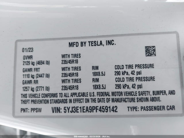 2023 Tesla Model 3 Rear-wheel Drive მანქანა იყიდება აუქციონზე, vin: 5YJ3E1EA9PF459142, აუქციონის ნომერი: 44448269