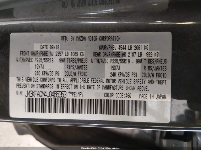 44448300 :رقم المزاد ، JM3KFACM4J0465353 vin ، 2018 Mazda Cx-5 Touring مزاد بيع