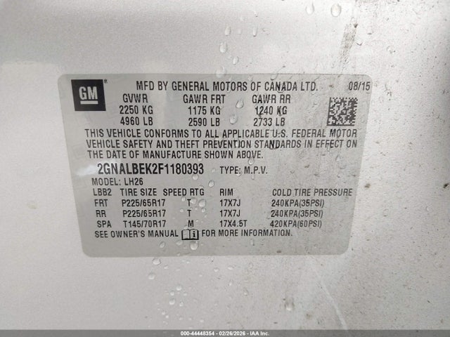 44448354 :رقم المزاد ، 2GNALBEK2F1180393 vin ، 2015 Chevrolet Equinox 1lt مزاد بيع