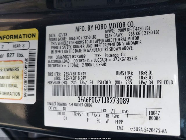 Ford FUSION S 2018 3FA6P0G71JR273089 Image 9