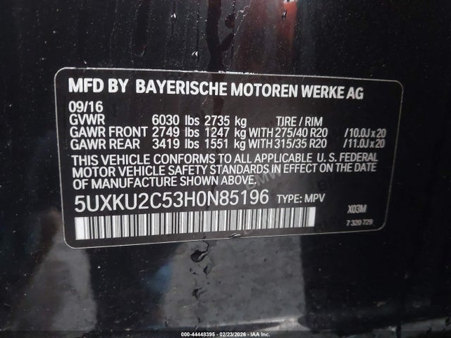 44448395 :رقم المزاد ، 5UXKU2C53H0N85196 vin ، 2017 Bmw X6 Xdrive35i مزاد بيع