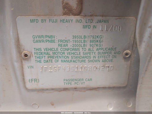Продажа на аукционе авто 2001 Subaru Impreza L, vin: JF1GF43511G804270, номер лота: 44448402