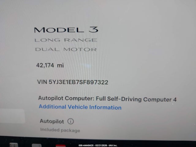 44448425 :رقم المزاد ، 5YJ3E1EB7SF897322 vin ، 2025 Tesla Model 3 Long Range All-wheel Drive مزاد بيع
