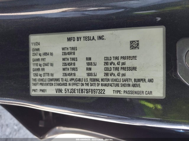 44448425 :رقم المزاد ، 5YJ3E1EB7SF897322 vin ، 2025 Tesla Model 3 Long Range All-wheel Drive مزاد بيع