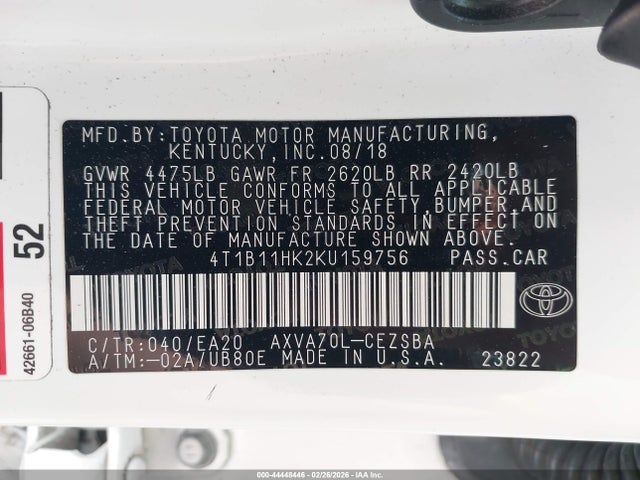 4T1B11HK2KU159756 Toyota CAMRY SE