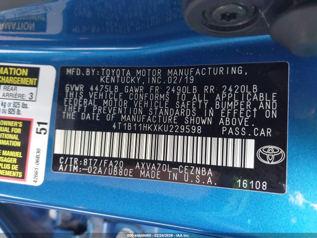 4T1B11HKXKU229598 Toyota CAMRY LE