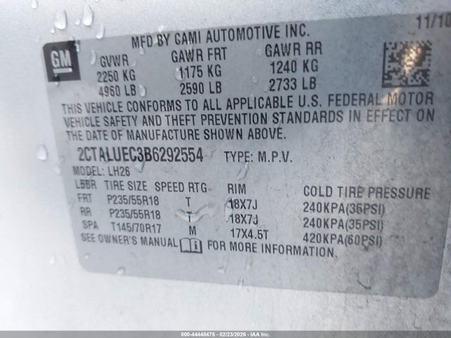 44448475 :رقم المزاد ، 2CTALUEC3B6292554 vin ، 2011 Gmc Terrain Slt-1 مزاد بيع