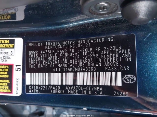 4T1C11AK7MU448360 Toyota CAMRY LE