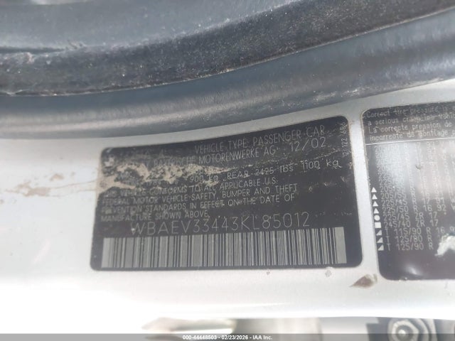44448503 :رقم المزاد ، WBAEV33443KL85012 vin ، 2003 Bmw 325i مزاد بيع