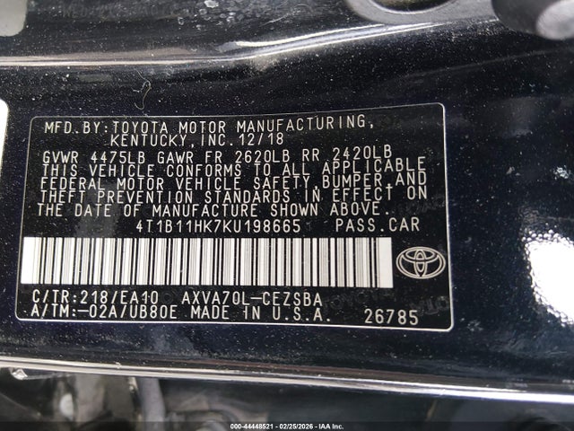 4T1B11HK7KU198665 Toyota CAMRY SE
