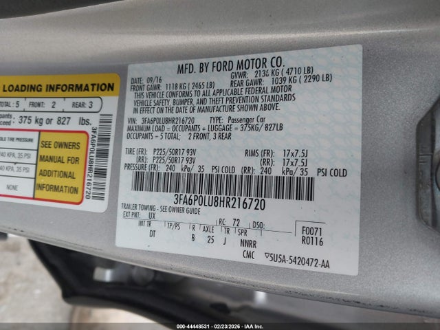 3FA6P0LU8HR216720 Ford Fusion Hybrid Se