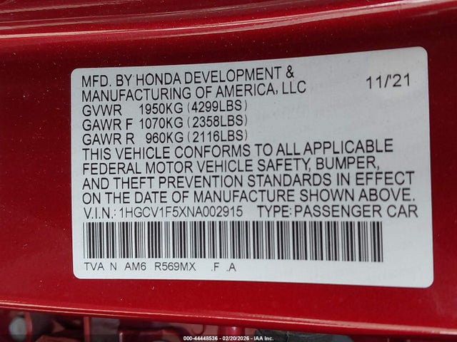 1HGCV1F5XNA002915 Honda Accord Ex-l